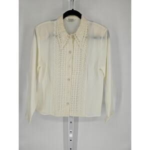 Sellecca Women's Long Sleeve Embroidered Neckline Button Down Ivory Top Size 6